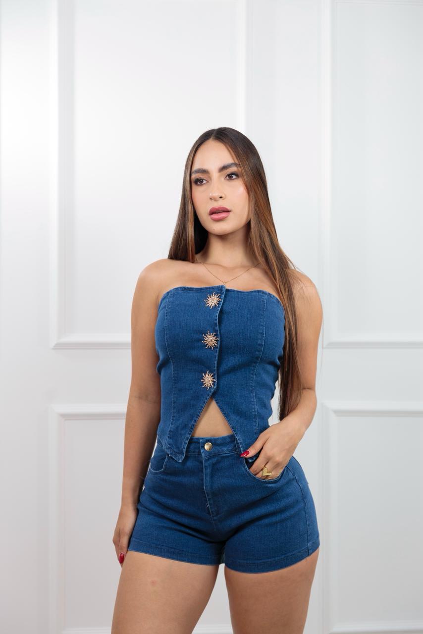 Conjunto denim strapless de top y short para mujer