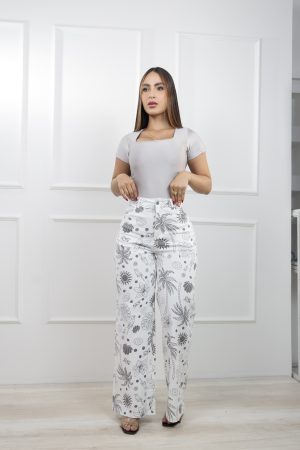 Pantalón estampado femenino tiro alto de pierna amplia